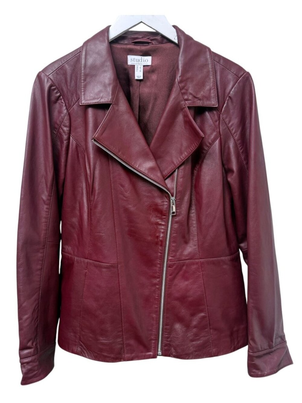 Studio Denim & Co Genuine Leather Moto Jacket Womens Large Wine Red Zip Front